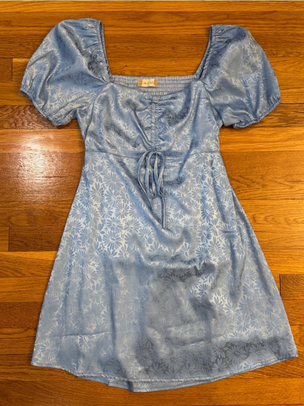 Altar'd State Jocelyn Satin Dress Puff Sleeve Smock Back Floral Daisy Blue - Med